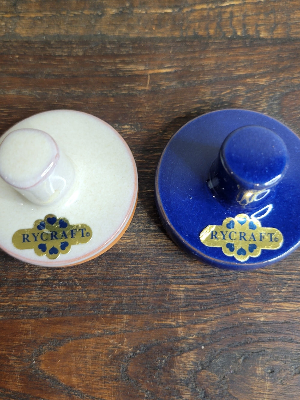 Set of 2 Rycraft Terracotta Cookie Stamps Folk Art House Sun Blue White